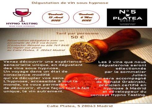 Flyer d0un événement de dégustation de vin sous hypnose par Rénald Grabinski à Madrid en Espagne