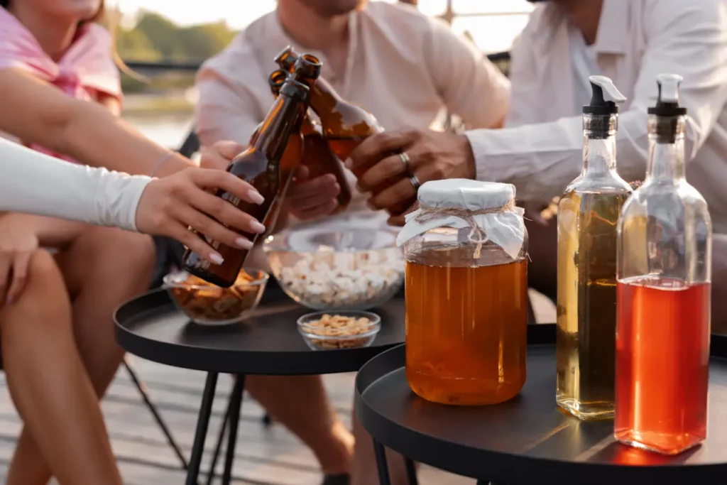 Personnes assiss à une terrasse avec des verres et bouteilles d'alcool symbolisant l'addiction à l'alcool